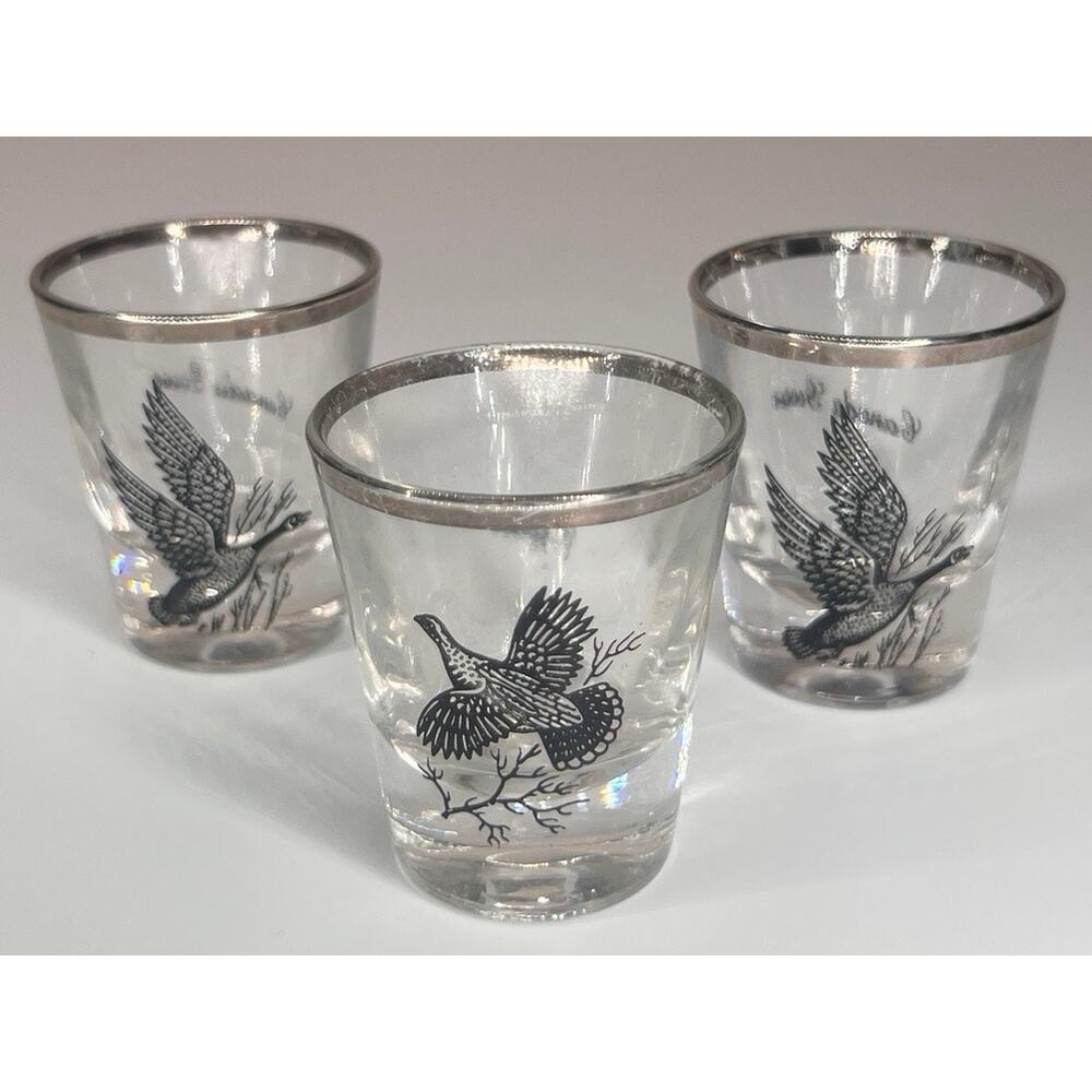 VINTAGE LOT Mid-Century 1950s Platinum Rimmed Federal Shot Glasses Wild Game